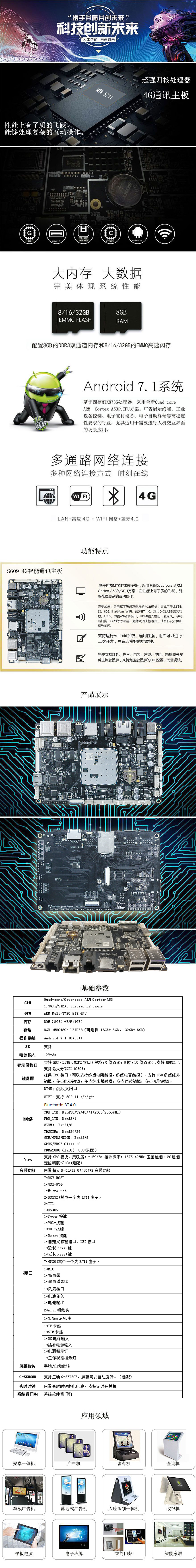 AD605_MTK8735_V1.1-A板卡集成多媒體解碼、4G模塊，GPS，液晶驅動、WIFI、藍牙、串口于一體，支持絕大部分當前流行的視頻及圖片格式解碼。單6/單8/雙8位LVDS, 支持多種分辨率的LVDS接口顯示屏，最大支持1920*1080P解碼。RGB和MIPI最大支持1920X1080P的解碼。大大簡化整機系統設計，穩定性更強，非常適合于視頻廣告機，智能家居，觸模查詢一體機，自動購買機，信息發布系統，智能顯示終端等機器。